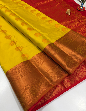 Bright Turmeric Yellow Semi Soft Silk Saree with Kanchi Border | Maroon Pallu & Blouse