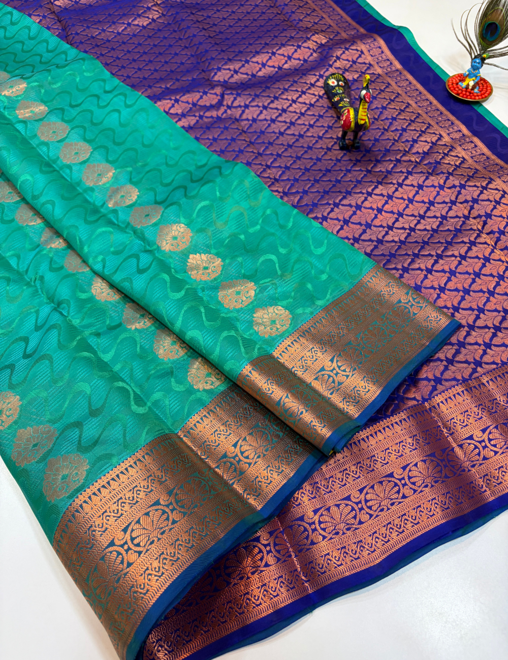 50% Pure Mix Full Brocade Silk Saree – Teal Green with Royal Blue Pallu & Blouse | Kanchi Border