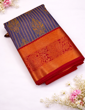 Semi Bridal Kanchi Silk Saree – Blue with Maroon