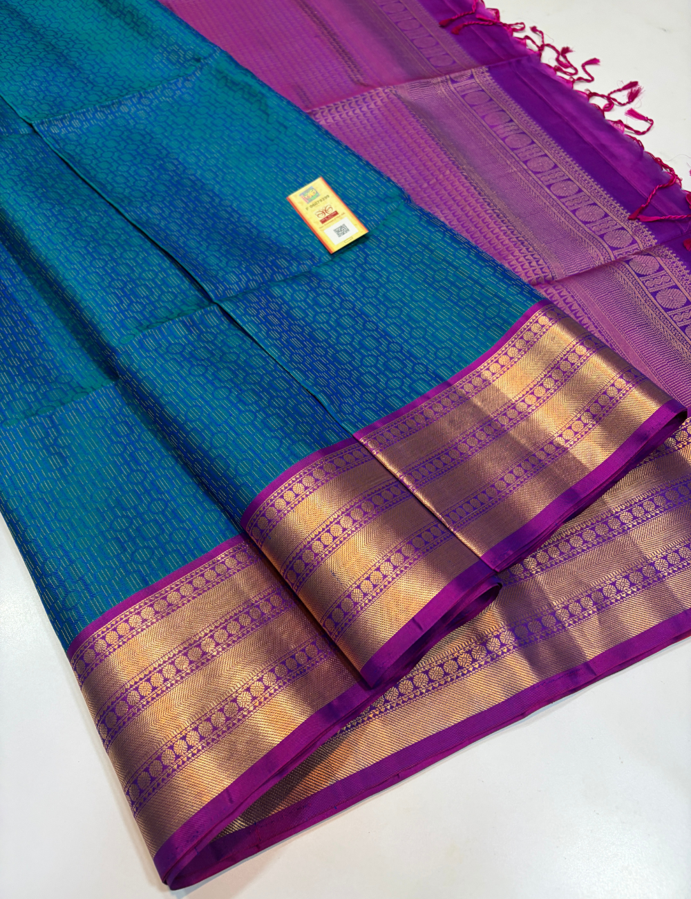 Peacock Blue Full Brocade Bridal Handloom Pure Soft Silk Saree with Gold Zari Kanchi Border, Purple Pallu & Blouse | Silk Mark Certified