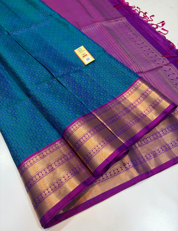 Peacock Blue Full Brocade Bridal Handloom Pure Soft Silk Saree with Gold Zari Kanchi Border, Purple Pallu & Blouse | Silk Mark Certified