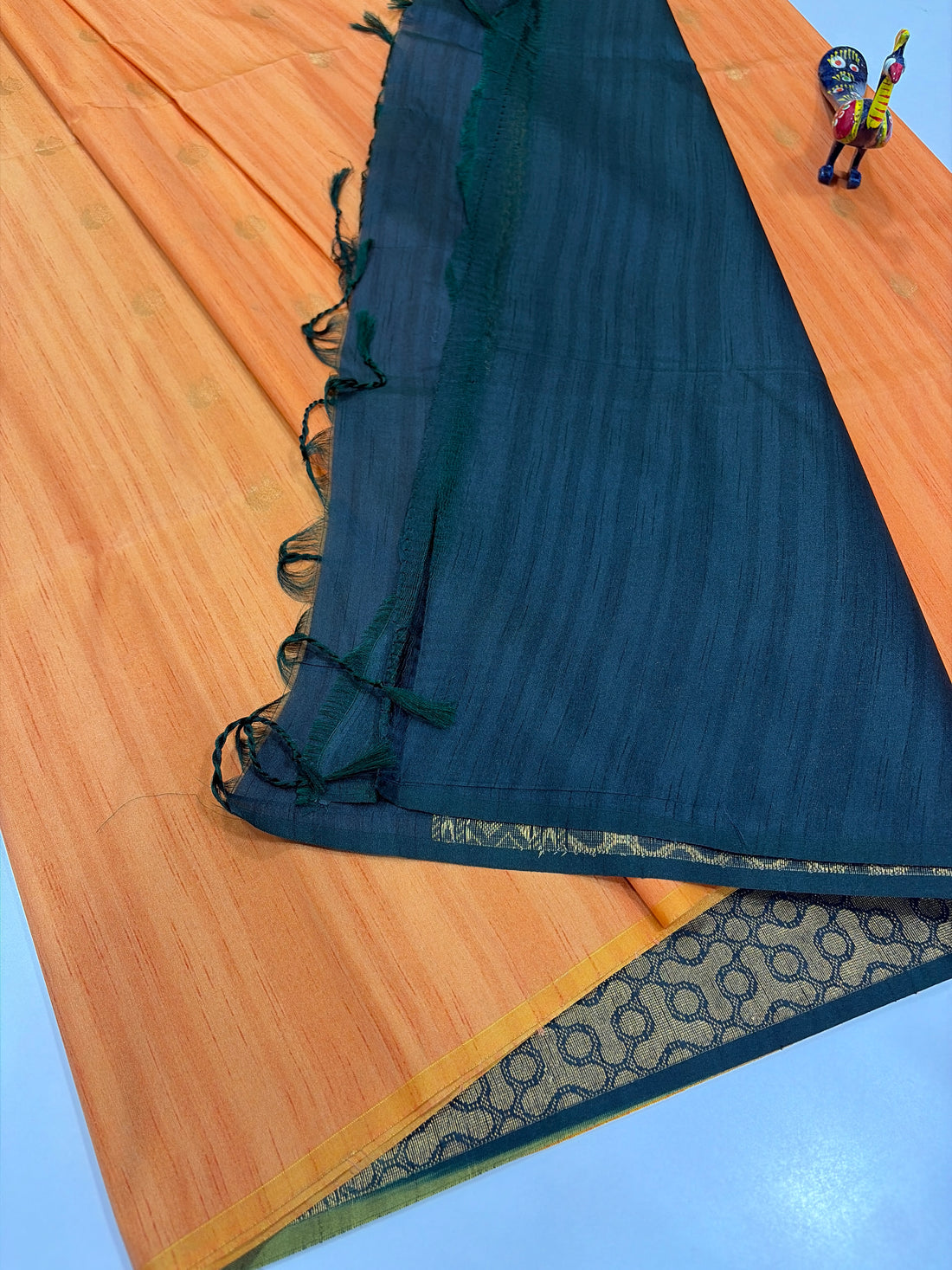 each Orange with Navy Blue Contrast Handloom Semi Raw Softsilk Saree