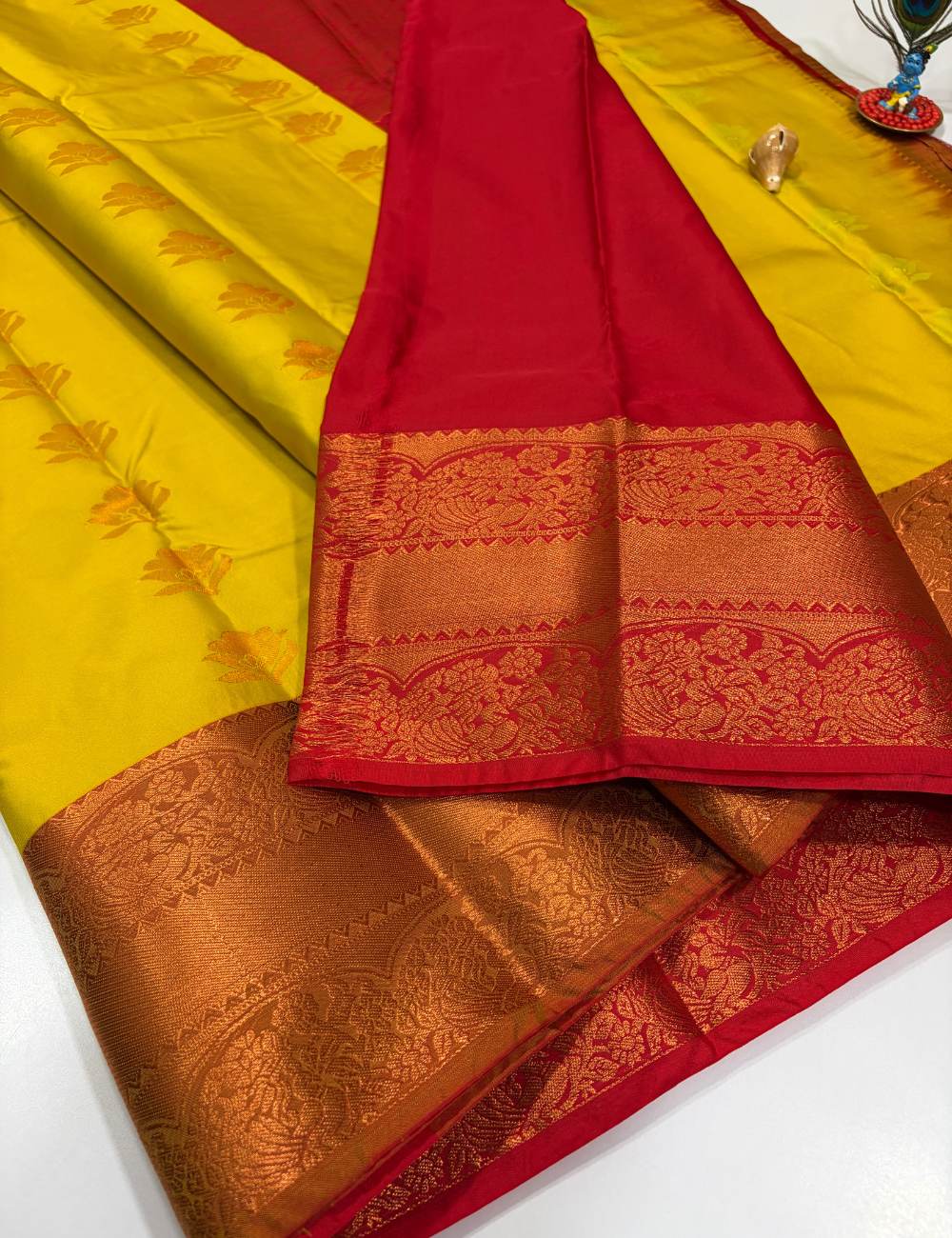 Bright Turmeric Yellow Semi Soft Silk Saree with Kanchi Border | Maroon Pallu & Blouse