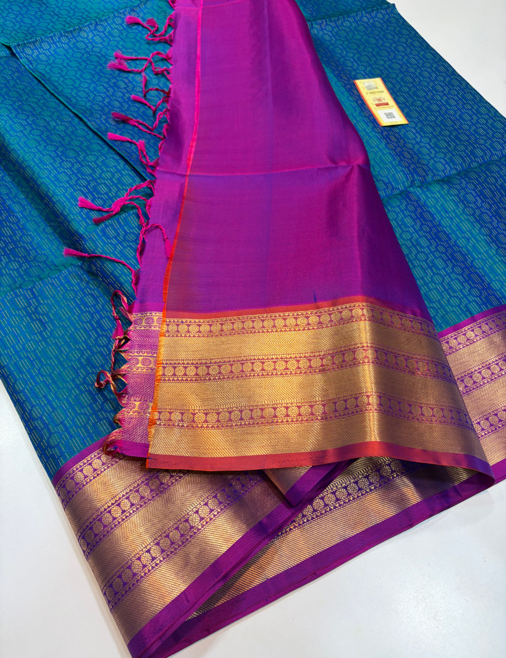 Peacock Blue Full Brocade Bridal Handloom Pure Soft Silk Saree with Gold Zari Kanchi Border, Purple Pallu & Blouse | Silk Mark Certified