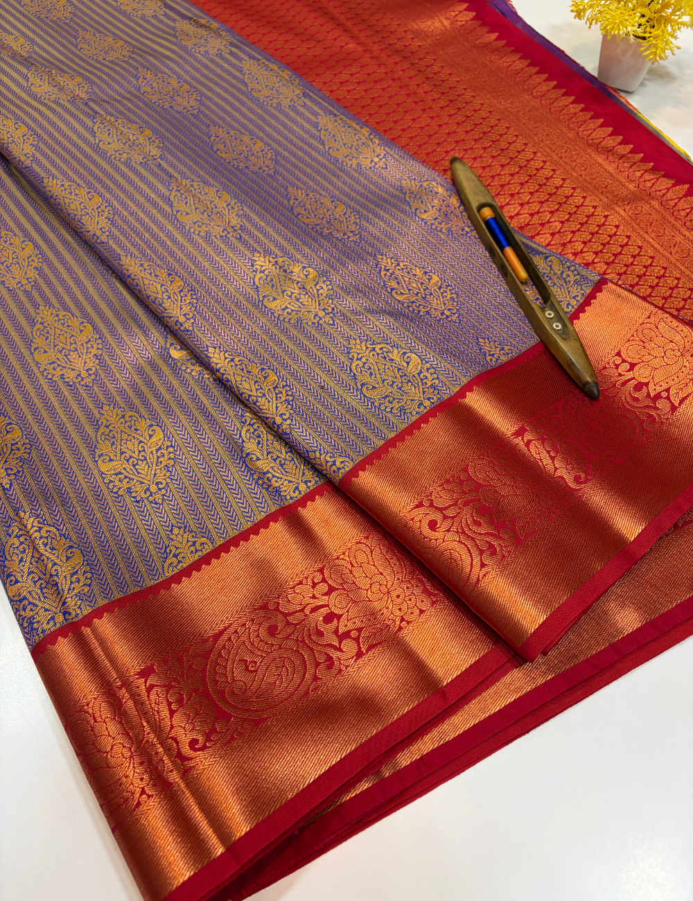 Semi Bridal Kanchi Silk Saree – Blue with Maroon