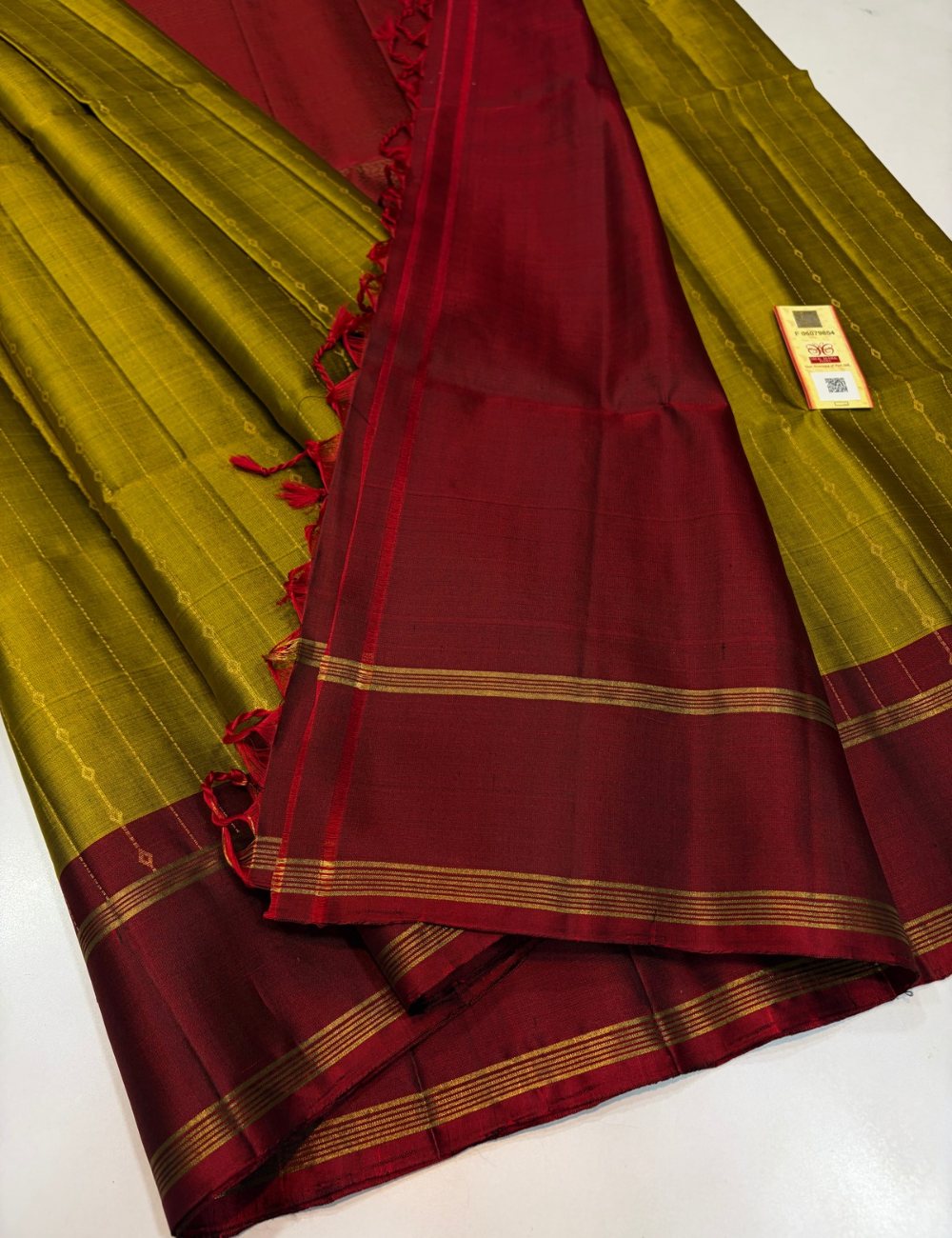 Mehendi Mustard Handloom Pure Soft Silk Saree with Maroon Contrast Border, Gold Zari Weaves & Matching Blouse | Silk Mark Certified