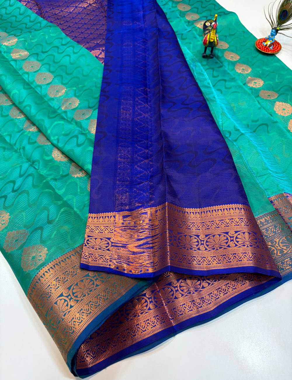 50% Pure Mix Full Brocade Silk Saree – Teal Green with Royal Blue Pallu & Blouse | Kanchi Border