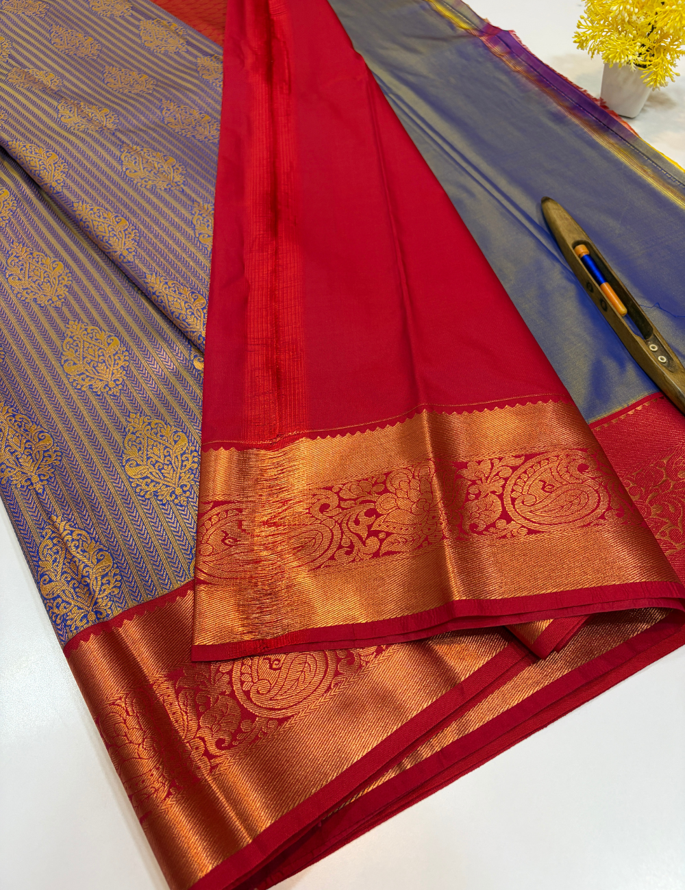 Semi Bridal Kanchi Silk Saree – Blue with Maroon