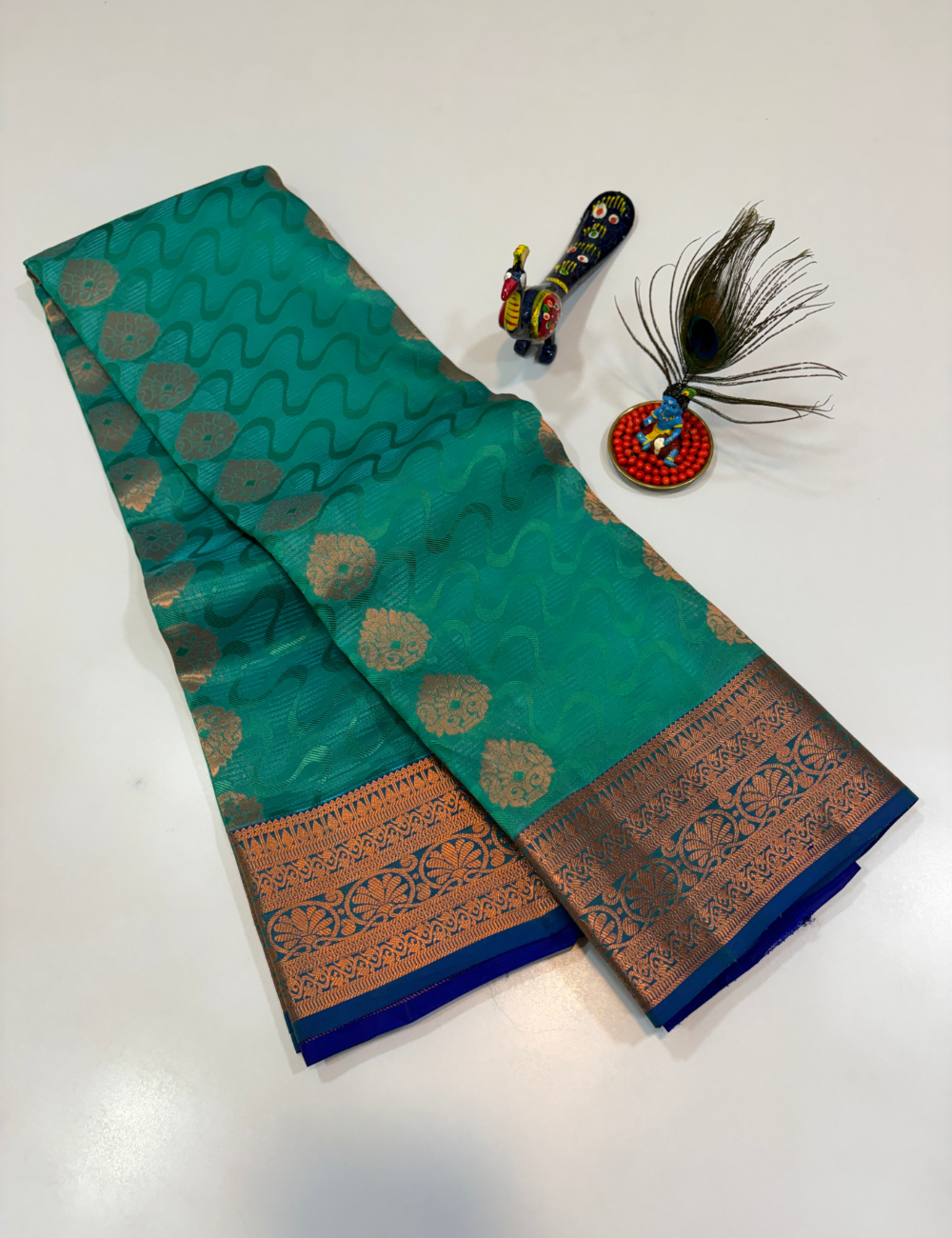 50% Pure Mix Full Brocade Silk Saree – Teal Green with Royal Blue Pallu & Blouse | Kanchi Border