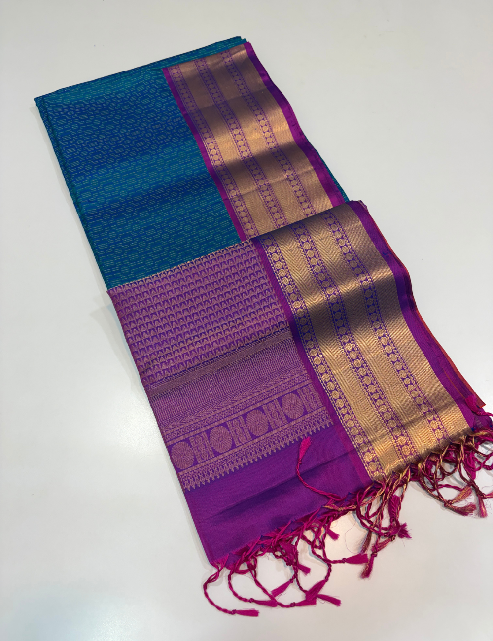 Peacock Blue Full Brocade Bridal Handloom Pure Soft Silk Saree with Gold Zari Kanchi Border, Purple Pallu & Blouse | Silk Mark Certified