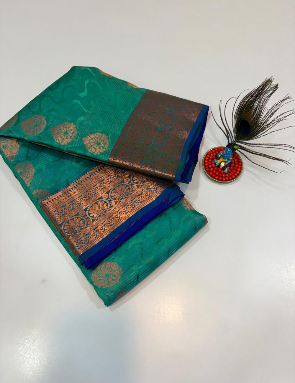 50% Pure Mix Full Brocade Silk Saree – Teal Green with Royal Blue Pallu & Blouse | Kanchi Border