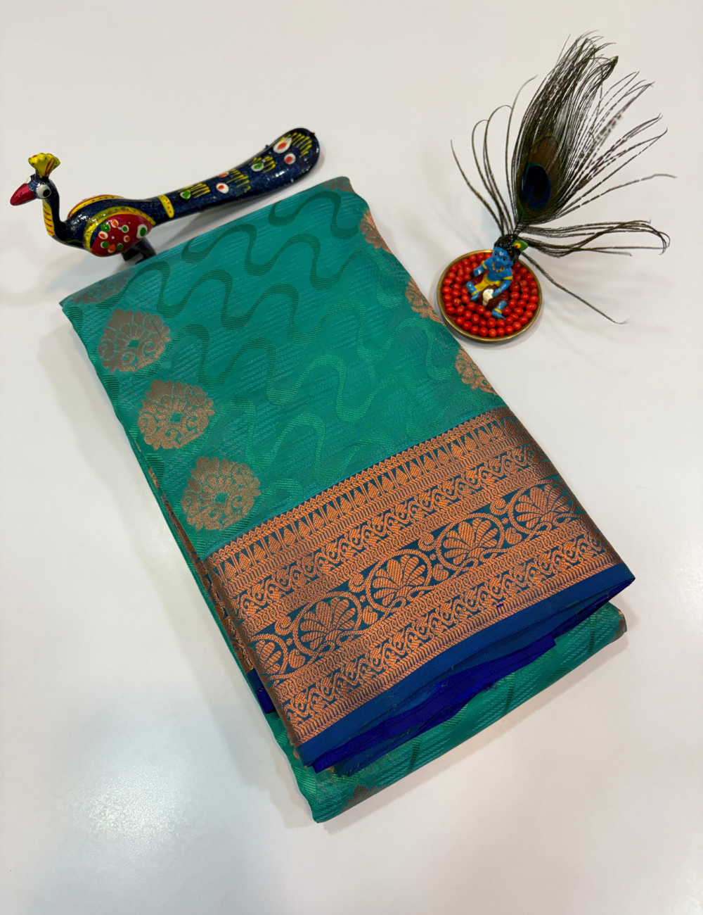 50% Pure Mix Full Brocade Silk Saree – Teal Green with Royal Blue Pallu & Blouse | Kanchi Border