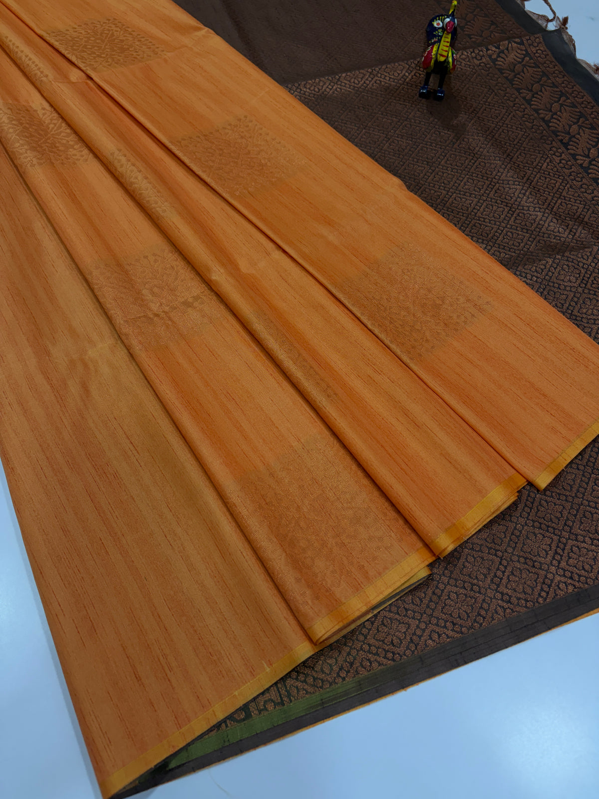 Rustic Peach Orange with Deep Brown Contrast Handloom Semi Raw Softsilk Saree