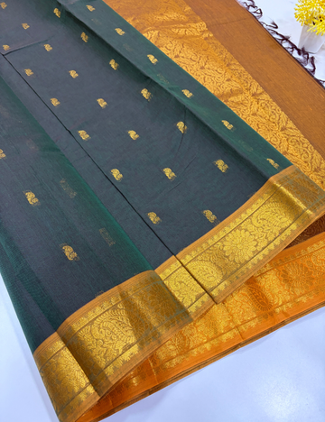 Negamam Handloom Pure Cotton Saree – Rich Bottle Green with Gold Zari