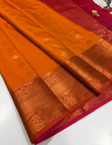 Deep Marigold Orange Semi Soft Silk Saree with Kanchi Border | Rani Pink Pallu & Blouse