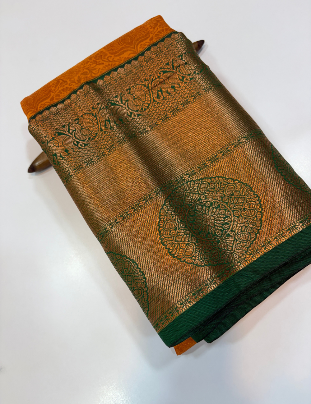 Semi Bridal Kanchi Silk Saree – Orangish Yellow with Bottle Green