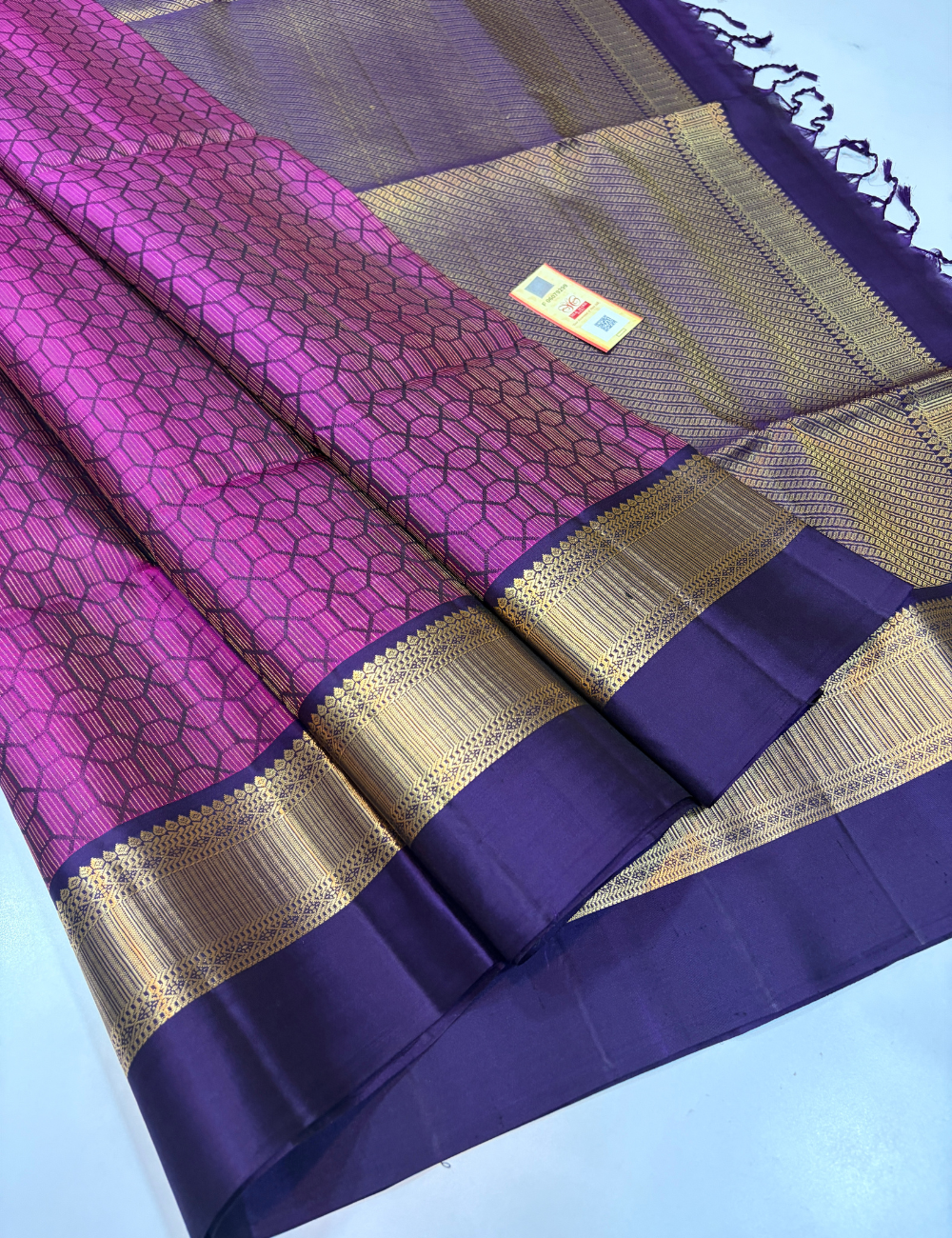 Deep Purple Full Brocade Bridal Handloom Pure Soft Silk Saree with Dark Blue Contrast Kanchi Border, Dark Blue Pallu & Blouse | Silk Mark Certified