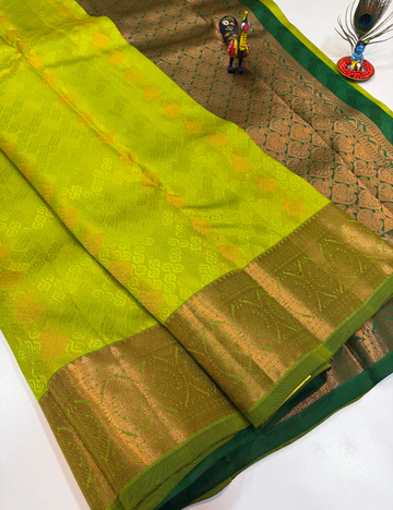 50% Pure Mix Full Brocade Silk Saree – Parrot Green with Bottle Green Pallu & Blouse | Kanchi Border