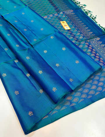 Borderless Peacock Blue Araivattam Putta Weaves Handloom Pure Soft Silk Saree with Silk Mark