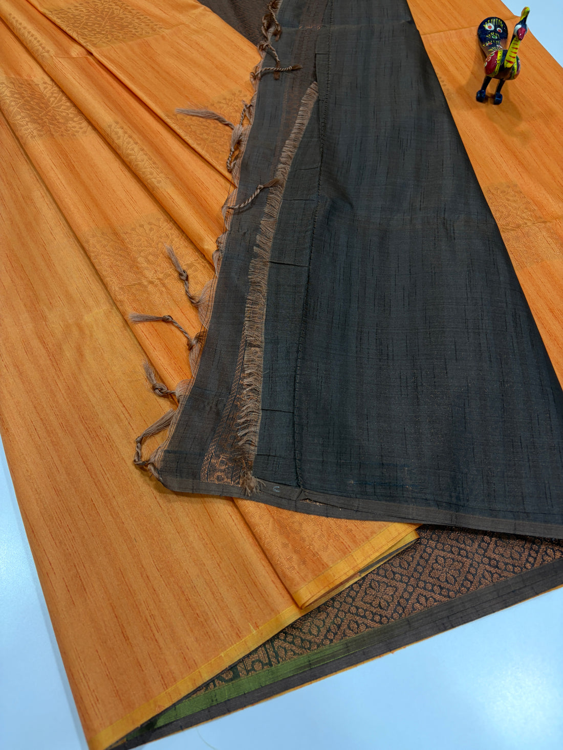 Rustic Peach Orange with Deep Brown Contrast Handloom Semi Raw Softsilk Saree