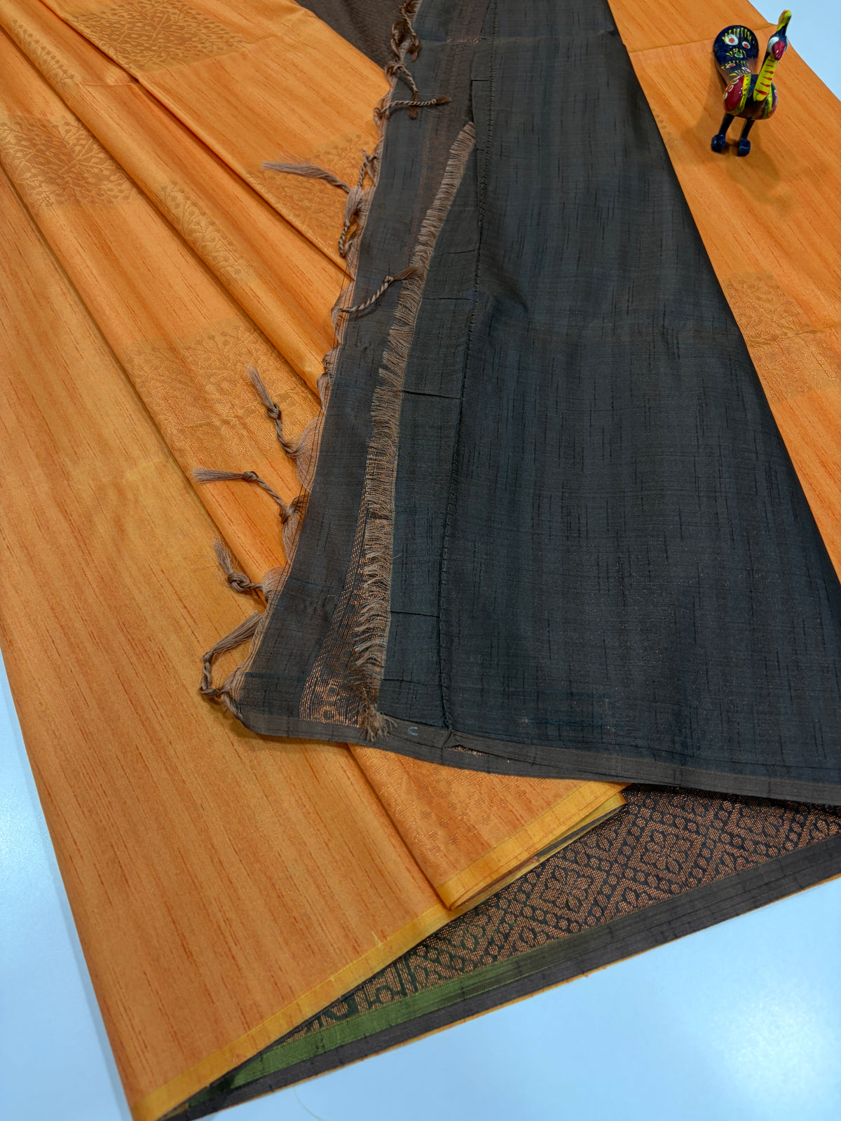 Rustic Peach Orange with Deep Brown Contrast Handloom Semi Raw Softsilk Saree