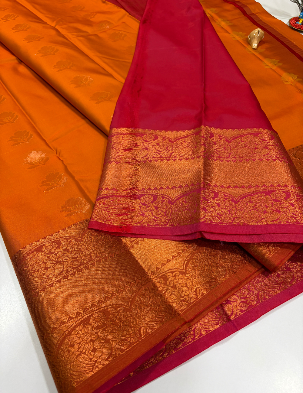 Deep Marigold Orange Semi Soft Silk Saree with Kanchi Border | Rani Pink Pallu & Blouse
