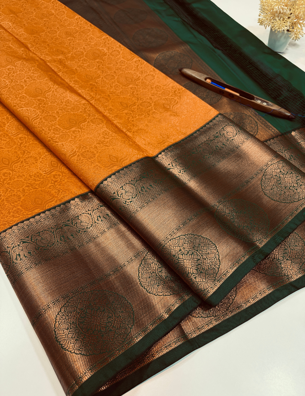 Semi Bridal Kanchi Silk Saree – Orangish Yellow with Bottle Green