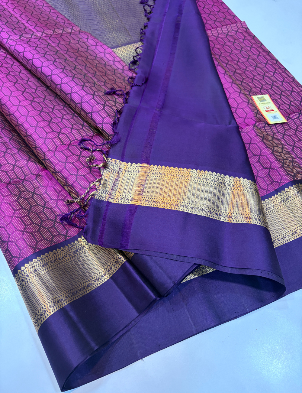 Deep Purple Full Brocade Bridal Handloom Pure Soft Silk Saree with Dark Blue Contrast Kanchi Border, Dark Blue Pallu & Blouse | Silk Mark Certified