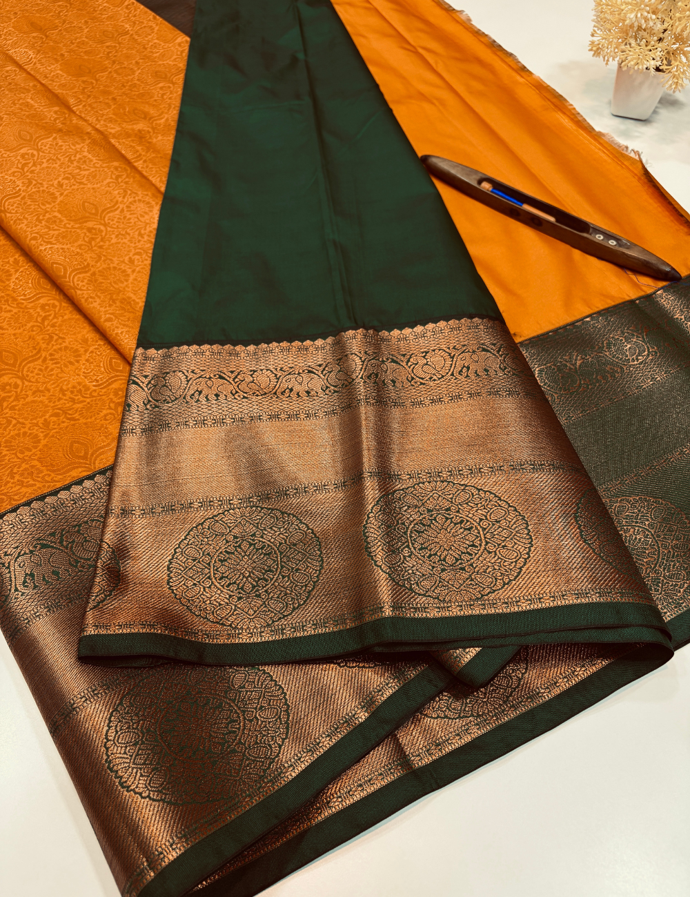 Semi Bridal Kanchi Silk Saree – Orangish Yellow with Bottle Green