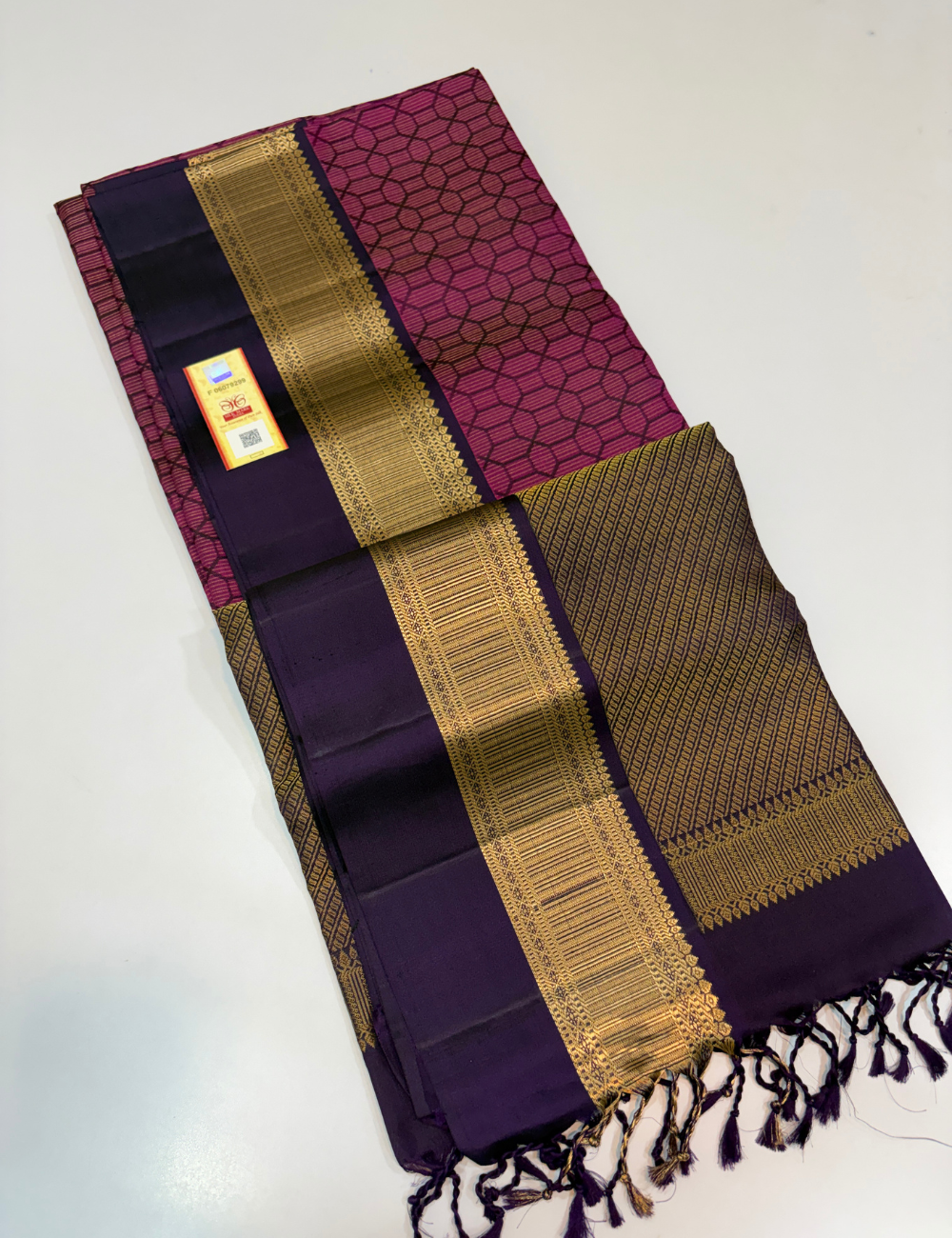 Deep Purple Full Brocade Bridal Handloom Pure Soft Silk Saree with Dark Blue Contrast Kanchi Border, Dark Blue Pallu & Blouse | Silk Mark Certified