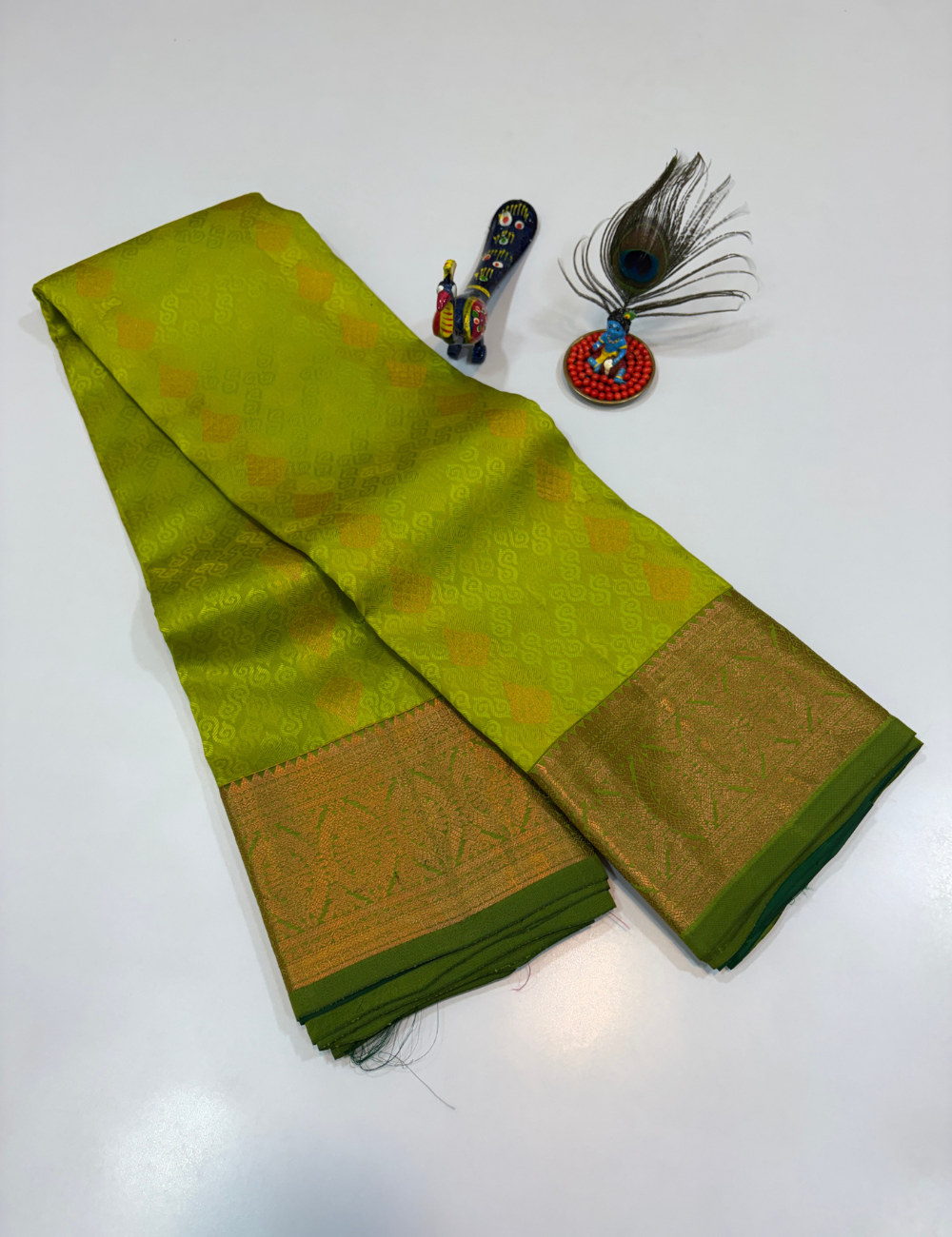 50% Pure Mix Full Brocade Silk Saree – Parrot Green with Bottle Green Pallu & Blouse | Kanchi Border