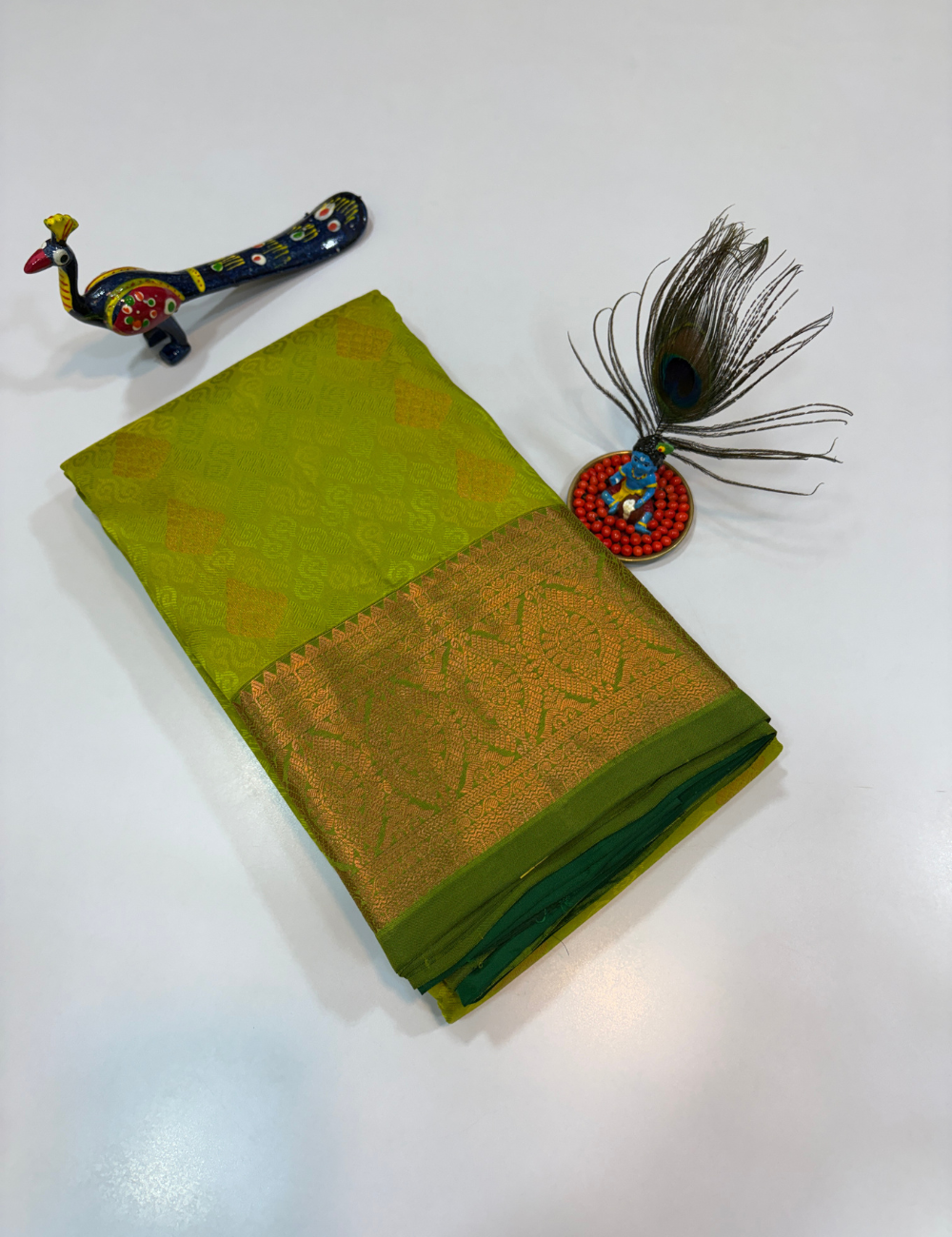 50% Pure Mix Full Brocade Silk Saree – Parrot Green with Bottle Green Pallu & Blouse | Kanchi Border