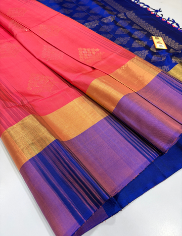 Tie & Dye Contrast Border Meena Butta Handloom Pure Soft Silk Saree – Lotus Pink & Blue