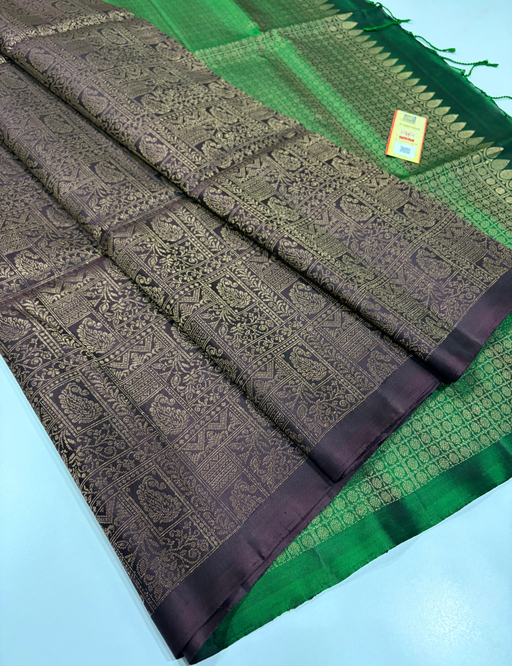 Dual Tone Plum & Coffee Brown Full Brocade Soft Silk Saree with Emerald Green Pallu