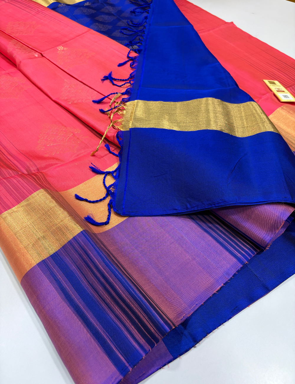 Tie & Dye Contrast Border Meena Butta Handloom Pure Soft Silk Saree – Lotus Pink & Blue