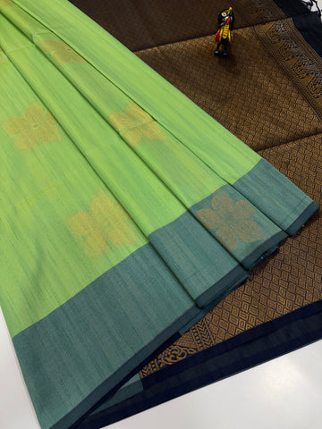 Pistachio Green with Muted Deep Teal Contrast Handloom Semi Raw Softsilk Saree