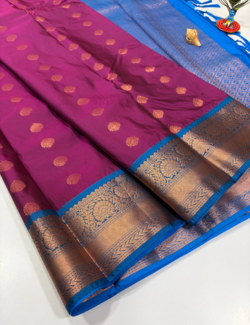 Deep Magenta Semi Soft Silk Saree with Kanchi Border | Anantha Blue Pallu & Blouse