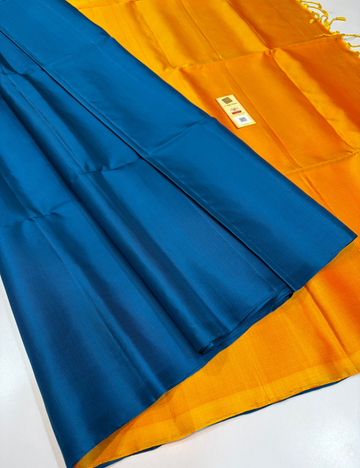 Borderless Rama Blue with Yellow Plain Handloom Pure Soft Silk Saree with Silk Mark