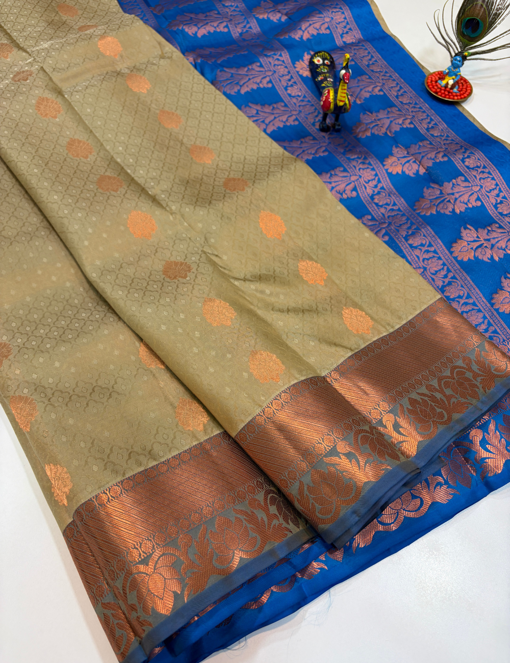 50% Pure Mix Full Brocade Silk Saree – Grey with Ananth Blue Pallu & Blouse | Kanchi Border