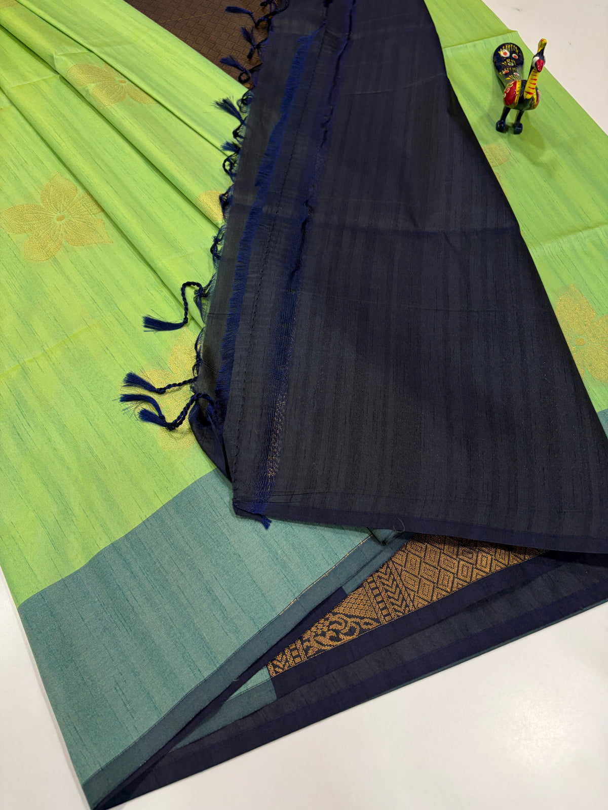 Pistachio Green with Muted Deep Teal Contrast Handloom Semi Raw Softsilk Saree