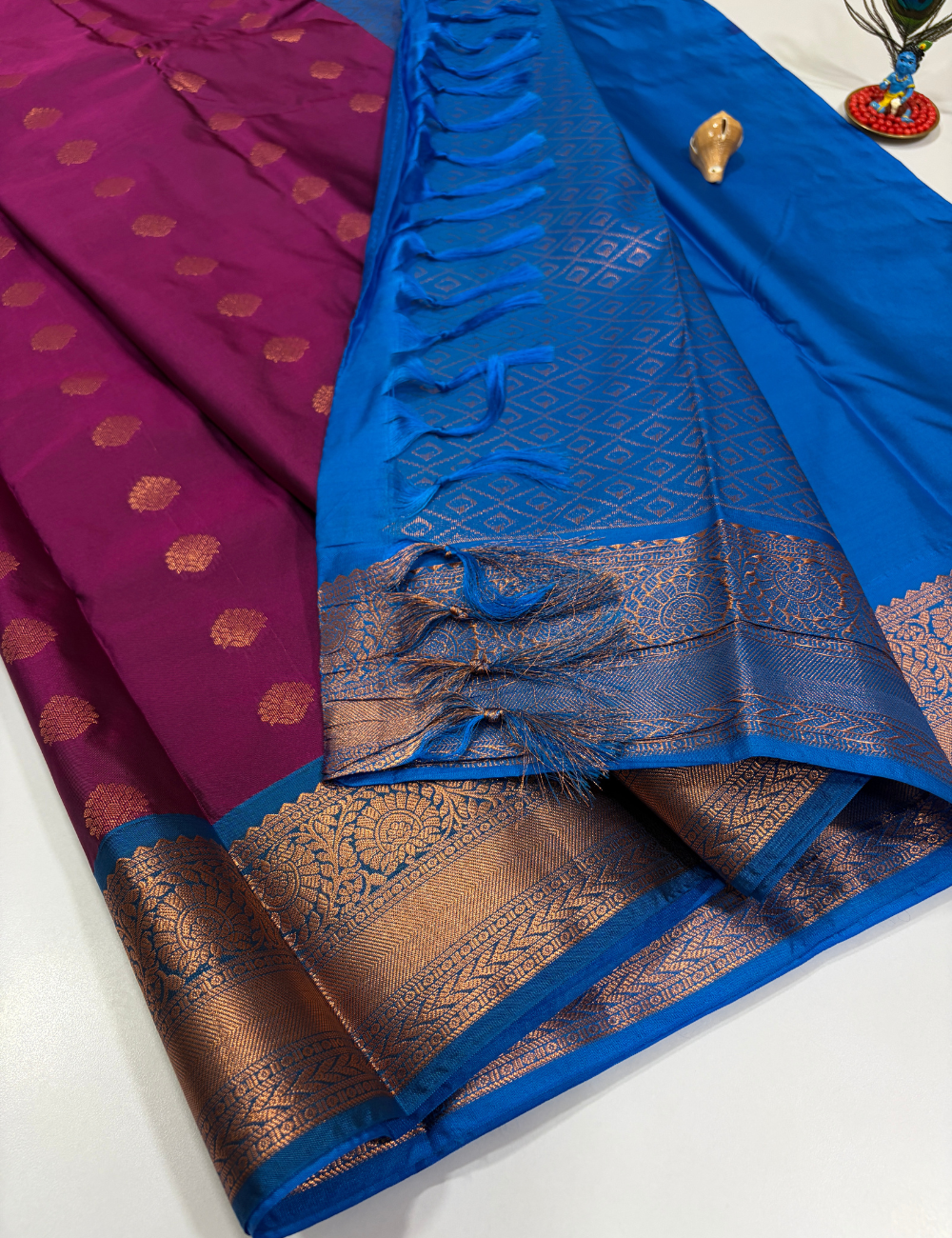 Deep Magenta Semi Soft Silk Saree with Kanchi Border | Anantha Blue Pallu & Blouse