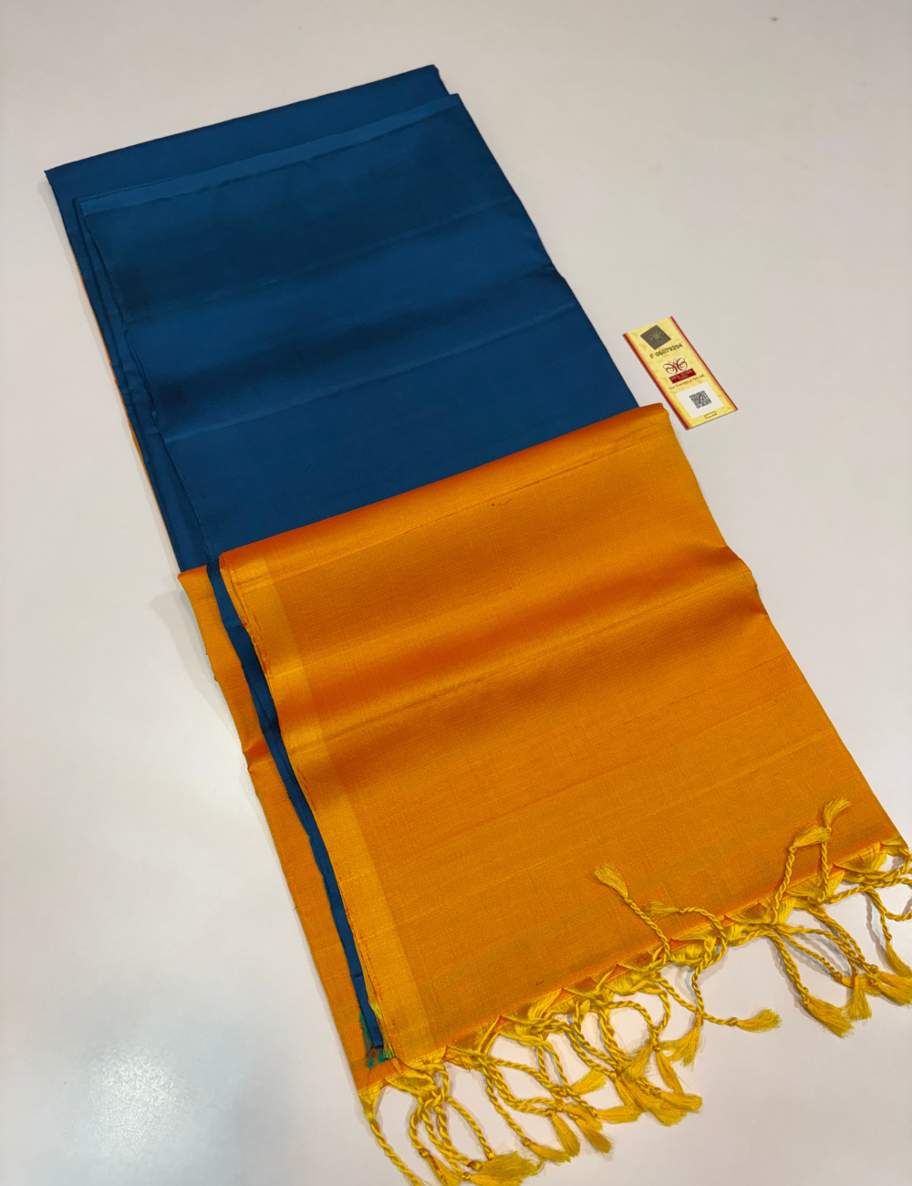 Borderless Rama Blue with Yellow Plain Handloom Pure Soft Silk Saree with Silk Mark