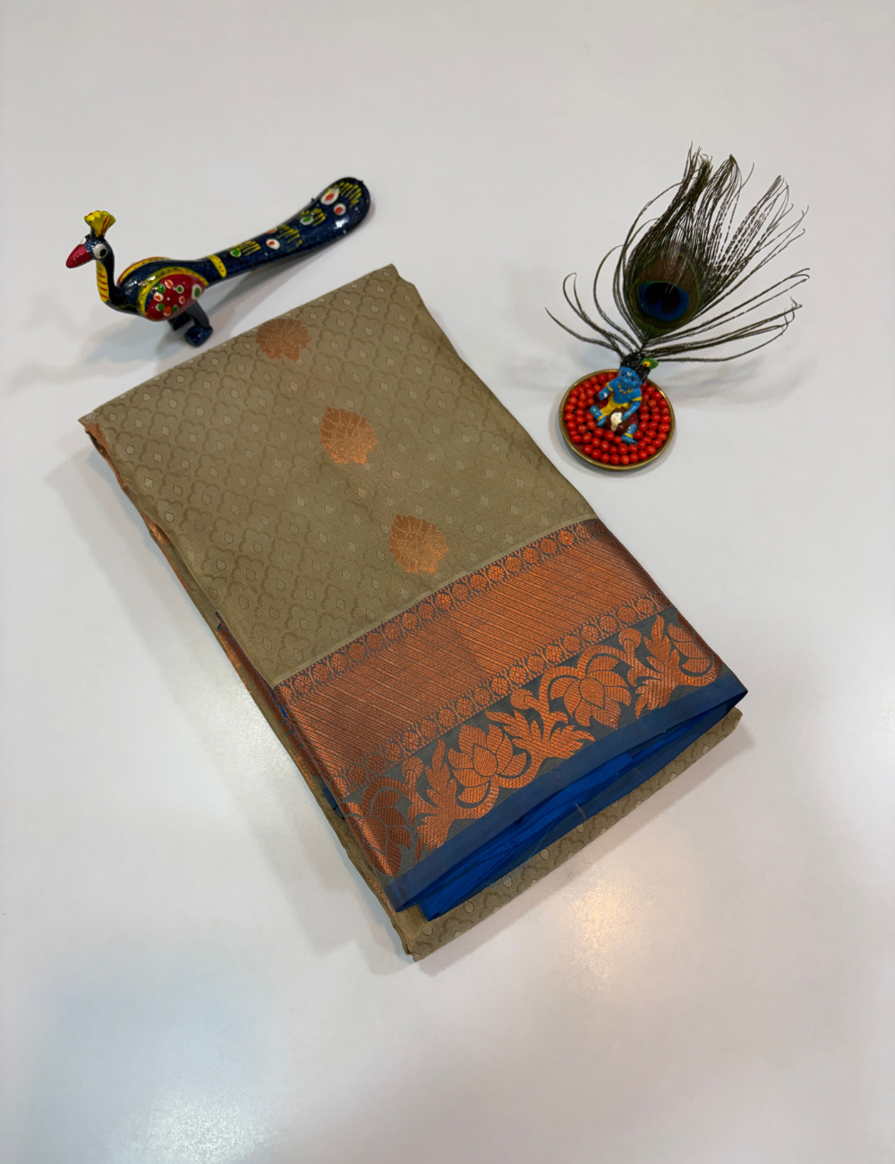 50% Pure Mix Full Brocade Silk Saree – Grey with Ananth Blue Pallu & Blouse | Kanchi Border