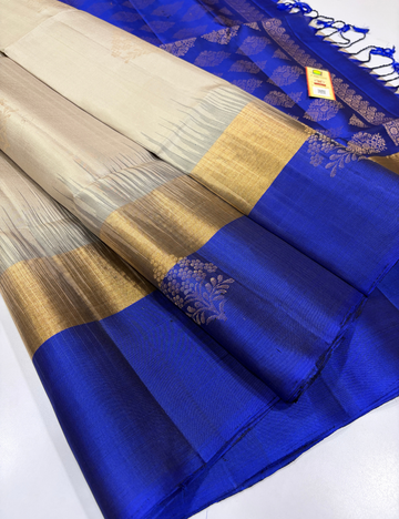 Tie & Dye Contrast Border Meena Butta Handloom Pure Soft Silk Saree – Beige & Royal Blue