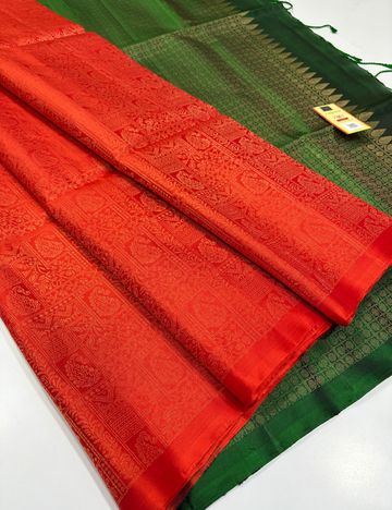 Vermilion Red Full Brocade Soft Silk Saree with Emerald Green Contrast Pallu