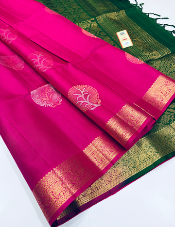 Handloom Magenta Pink Soft Silk Saree with Kanchi Border & Silk Mark | Green Pallu & Blouse