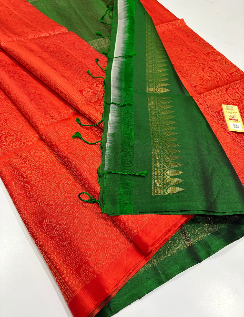 Vermilion Red Full Brocade Soft Silk Saree with Emerald Green Contrast Pallu
