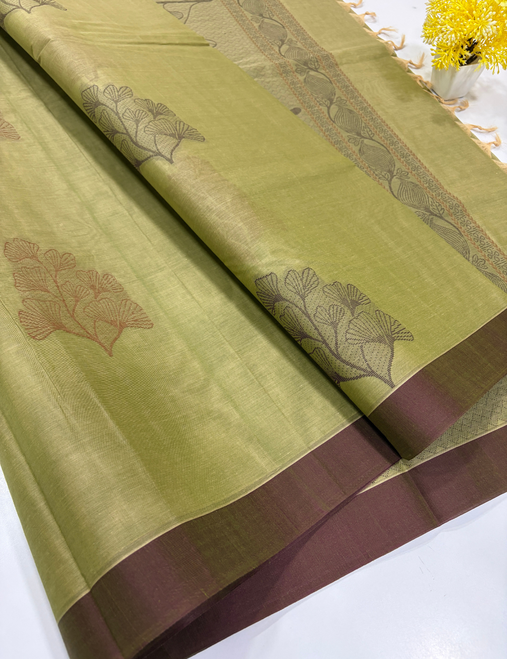 Negamam Handloom Pure Cotton Saree – Olive Green with Coffee Brown Floral Detailing
