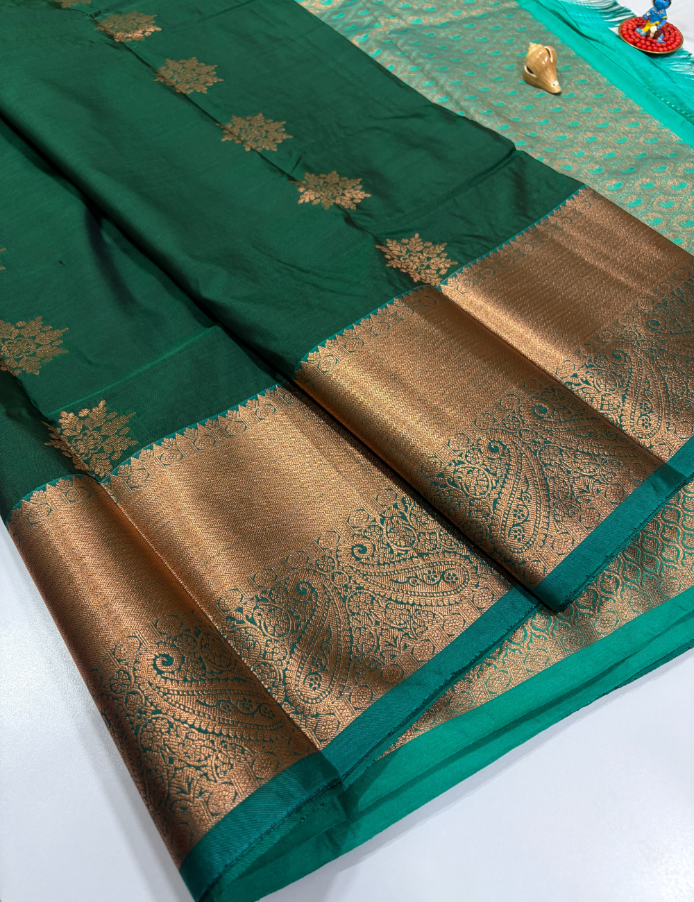 Bottle Green Semi Soft Silk Saree with Kanchi Border | Emerald Green Pallu & Blouse