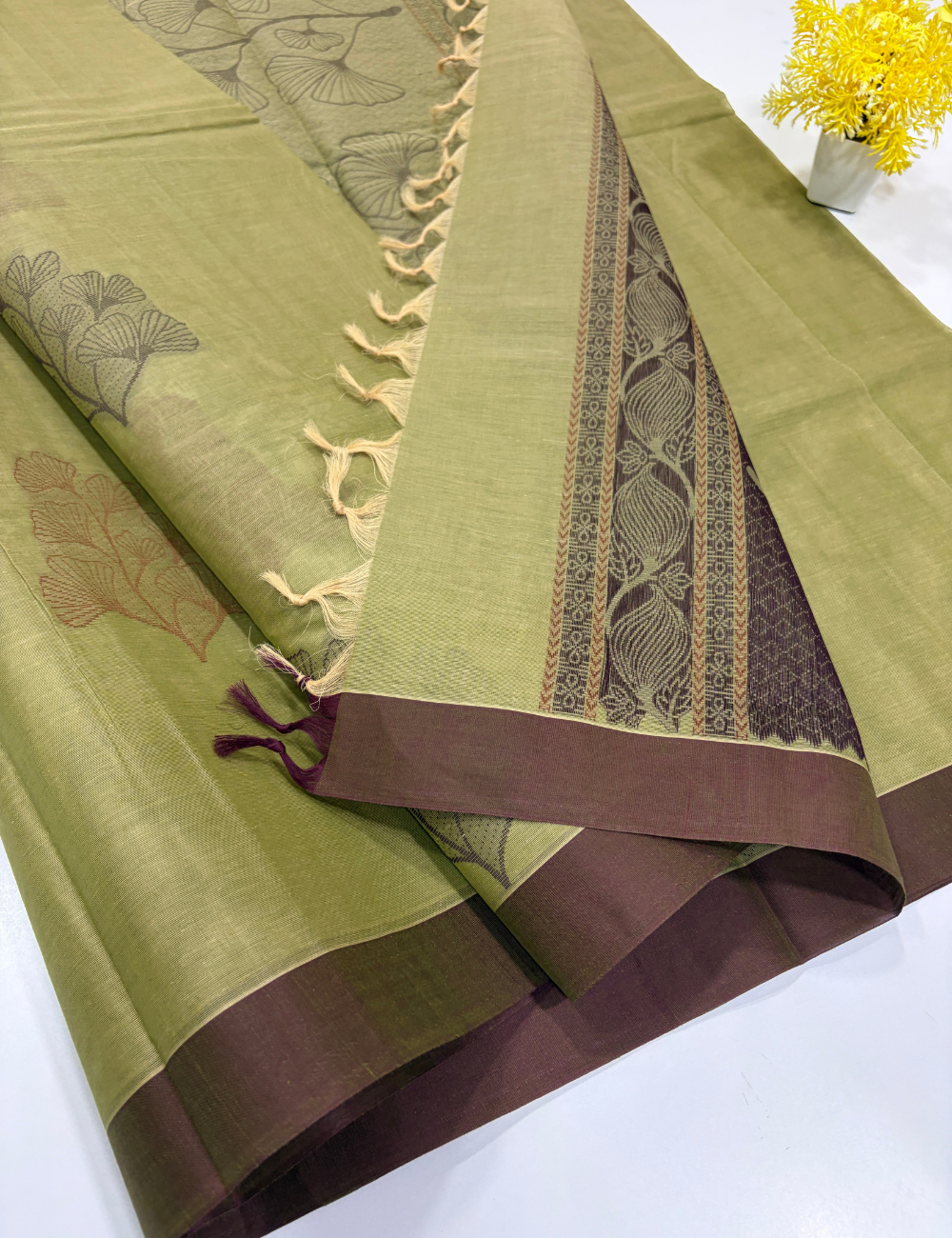 Negamam Handloom Pure Cotton Saree – Olive Green with Coffee Brown Floral Detailing